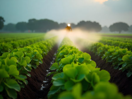 AI generated a field of letas with a sun shining in the background. The image features sunlight, agriculture field, light and shadow. Additional elements include lens flare, evening lights.の素材