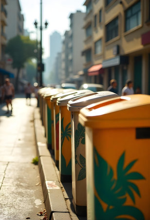 AI generated a row of trash bins on a sidewalk. The image features delivery box, truck on road, garden path. Additional elements include people walking, parade.の素材
