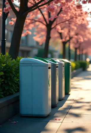 AI generated a row of trash cans on a sidewalk. The image features delivery box, truck on road, garden path. Additional elements include people walking.の素材