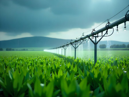AI generated irrigation irrigation spraying crops. The image features agriculture field, drone farming, farmer.の素材