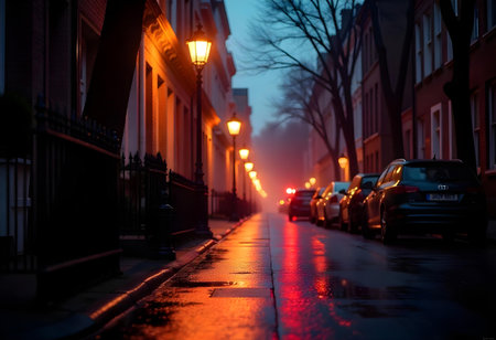 AI generated a street with cars parked on it at night. The image features cycling road, night sky, truck on road. Additional elements include basketball court, city skyline.の素材