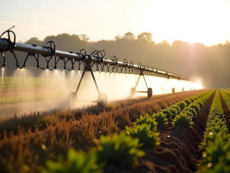 AI generated a sprint spraying a field with a sprayer. The image features agriculture field, smart irrigation, drone farming. Additional elements include plane flying, farmer.の素材