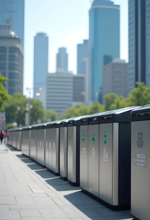 AI generated a row of trash bins on a sidewalk. The image features delivery box, truck on road, garden path. Additional elements include people walking, parade.の素材