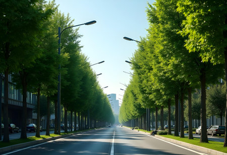 AI generated a street lined with trees. The image features forest path, cycling road, garden path. Additional elements include truck on road, parade.の素材