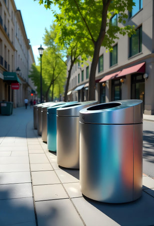AI generated a row of trash cans on a sidewalk. The image features delivery box, truck on road, garden path. Additional elements include people walking.の素材
