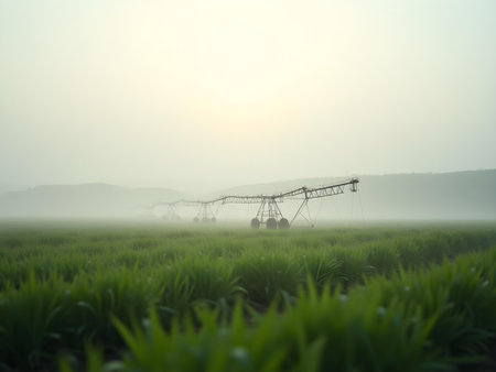 AI generated a irrigation irrigation in the middle of a field. The image features agriculture field, smart irrigation, farmer. Additional elements include drone farming, water saving.の素材