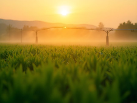AI generated a field with a fence and a fog. The image features agriculture field, fantasy landscape, farmer. Additional elements include nature landscape, dreamy atmosphere.の素材