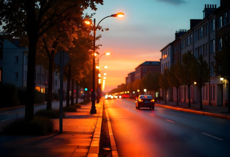 AI generated a street with a car driving down it. The image features truck on road, cycling road, electric car. Additional elements include road trip, smart city.の素材