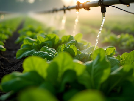 AI generated a spraying watering water on a field, The image features water saving, smart irrigation, agriculture field, Additional elements include farmer, plant growing.の素材