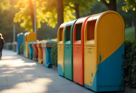 AI generated a row of colorful mail boxes on a sidewalk. The image features delivery box, vibrant colors, pharmacy store. Additional elements include garden path, shoe display.の素材
