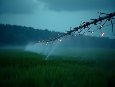 AI generated a group of ants that are spraying water on a field. The image features agriculture field, insect macro, drone farming. Additional elements include drone flying, smart irrigation.の素材
