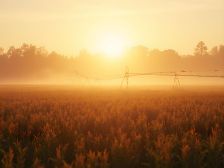 AI generated a field with a sprinkler in the middle of it, The image features agriculture field, farmer.の素材