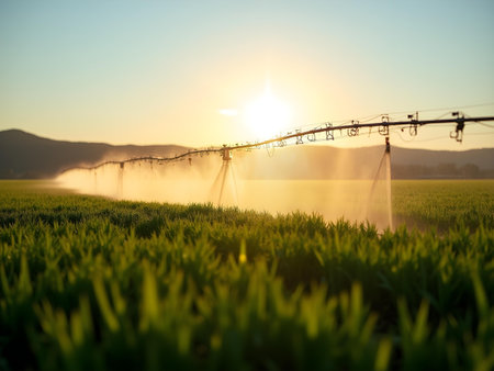 AI generated a spring is spraying water on a field. The image features smart irrigation, water saving, plane flying. Additional elements include agriculture field, paint splash.の素材