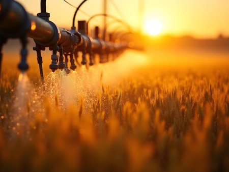 AI generated a crop of wheat in a field at sunset. The image features sunset sky, agriculture field, evening lights. Additional elements include harvest, farmer.の素材