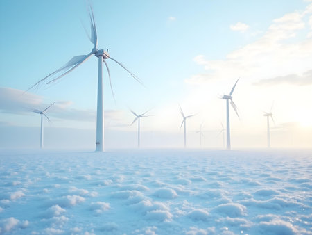 AI generated a group of wind turbines in the snow, The image features wind turbines, wind energy, solar panels, Additional elements include renewable energy.の素材