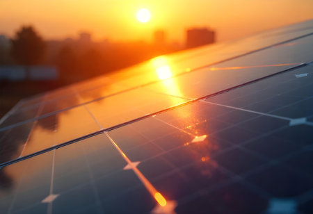 AI generated a solar panel with the sun setting in the background. The image features solar panels, sunset sky, sunlight. Additional elements include evening lights, renewable energy.の素材