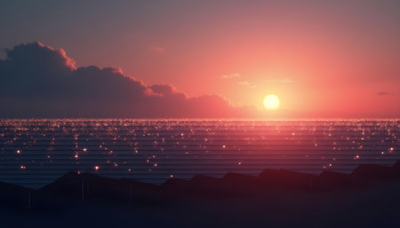 AI generated a sunset with a lot of clouds and a lot of stars. The image features sunset sky, night sky, evening lights. Additional elements include bird in sky, dreamy atmosphere.の素材