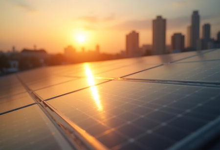 AI generated solar panels with the sun setting in the background. The image features solar panels, sunset sky, evening lights. Additional elements include sunlight, renewable energy.の素材