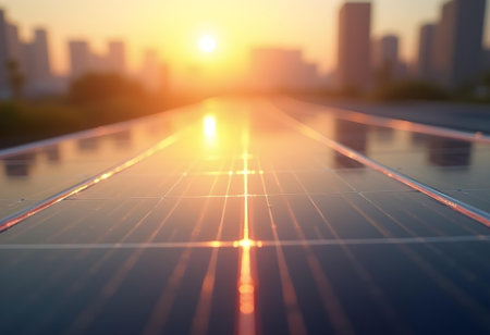 AI generated solar panels in the sun. The image features solar panels, sunlight, renewable energy. Additional elements include light and shadow, wind energy.の素材