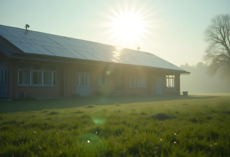 AI generated a house with a solar roof and a tree in the background. The image features solar panels, agriculture field, nature landscape. Additional elements include renewable energy, plant growing.の素材