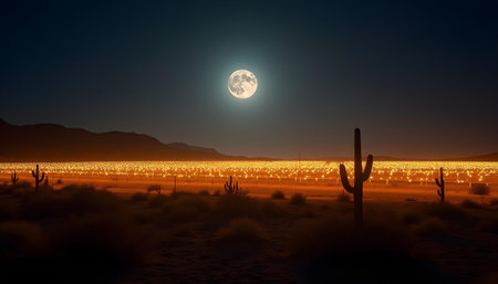 AI generated a full moon is seen over a desert landscape. The image features full moon, night sky, nature landscape. Additional elements include fantasy landscape, mountain range.の素材