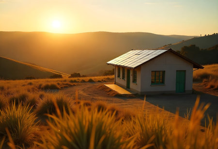 AI generated a small house in the middle of a field, The image features agriculture field, castle, nature landscape. Additional elements include farmer, camping tent.の素材
