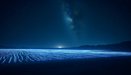 AI generated a night sky with a bright blue light shining over a field. The image features night sky, evening lights, sunset sky. Additional elements include full moon, agriculture field.の素材