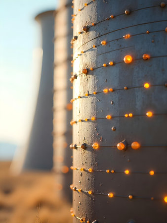 AI generated a close up of a metal pole with a lot of orange lights. The image features bokeh lights, neon glow. Additional elements include light bulb, metal surface.の素材