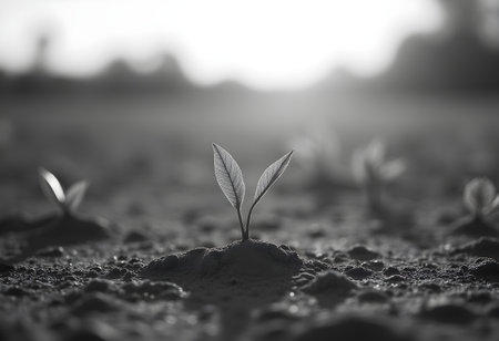 AI generated a small plant is growing in the dirt. The image features plant growing, flowers bloom, reforestation. Additional elements include financial growth, deforestation.の素材