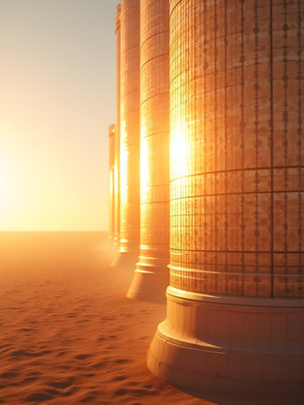 AI generated a large building with a lot of windows. The image features heritage site, castle, warehouse. Additional elements include city skyline, server room.の素材