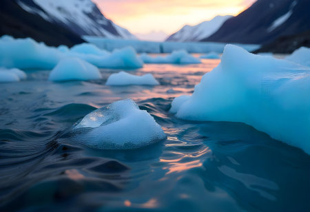 AI generated icebergs floating in the water at sunset. The image features sunset sky, evening lights, glacier melting. Additional elements include fish underwater, abstract shapes.の素材