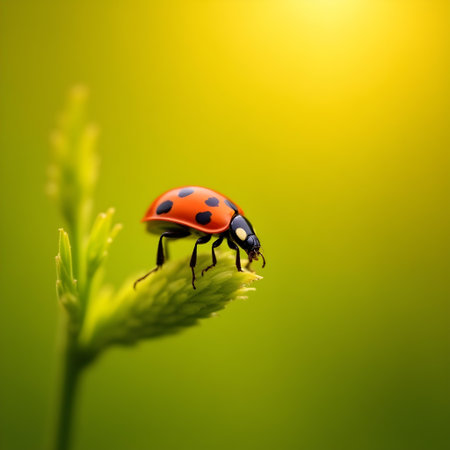 AI generated a ladybird on a leaf, The image features insect macro. green leaves, plant growing.の素材