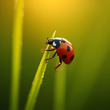 AI generated a ladybug on a blade of grass. The image features insect macro, green leaves, Additional elements include plant growing.の素材