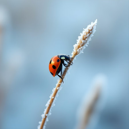 AI generated a lady bug on a thin stem of a plant. The image features insect macro, plant growing, pizza slice. Additional elements include alien planet, nature landscape.の素材