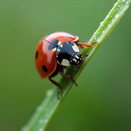 AI generated a ladybug on a green stem. The image features insect macro, green leaves, plant growing.の素材