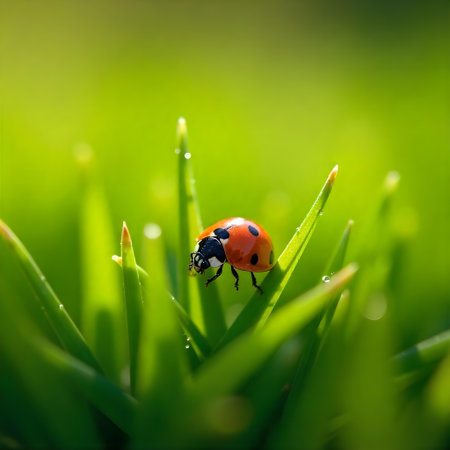 AI generated a ladybird sitting on top of a green grass. The image features insect macro, green leaves. Additional elements include plant growing, agriculture field.の素材
