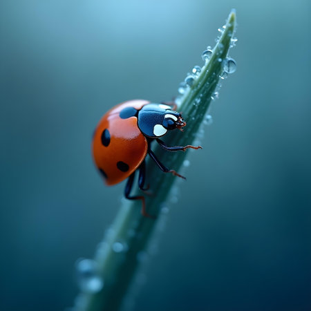 AI generated a lady bug on a plant. The image features plant growing, insect macro, tiger in jungle. Additional elements include green leaves, nature landscape.の素材