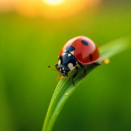 AI generated a ladybird sitting on top of a green leaf. The image features green leaves, insect macro. Additional elements include plant growing.の素材