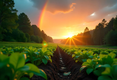 AI generated a rainbow appears over a field of letable plants. The image features agriculture field, vibrant colors, organic vegetables. Additional elements include color palette, plant growing.の素材