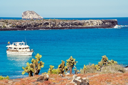 Tourist boat visits South Plaza with red sesuvium and prickly pear cactus vegetation in foreground, Galapagos Islands, Ecuadorの写真素材