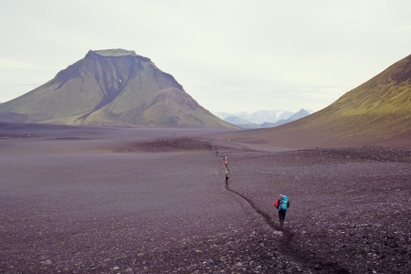 Laugavegur hiking trek between Thorsmork and Landmannalaugar crossing an ash field, Icelandの写真素材