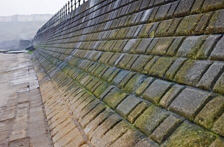 A sea wall defense covered in algae on the beachの写真素材