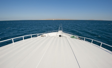 View from the bow of a large luxury motor yacht