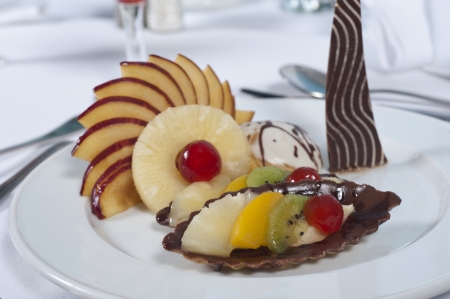 Closeup detail of a luxury fruit salad in an a la carte restaurantの写真素材