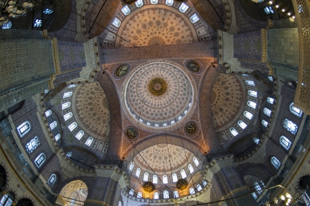 Fish-eye view of the interior architecture inside Yeni Cami New Mosque in Eminonu district at Istanbul Turkeyのeditorial素材