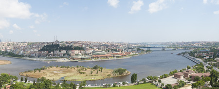 Panoramic aerial view over the Bosphorus River and Istanbul from famous Pierre Loti Cafeの写真素材