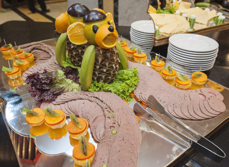 Cold meat selection at a luxury hotel buffet restaurant with decorationのeditorial素材