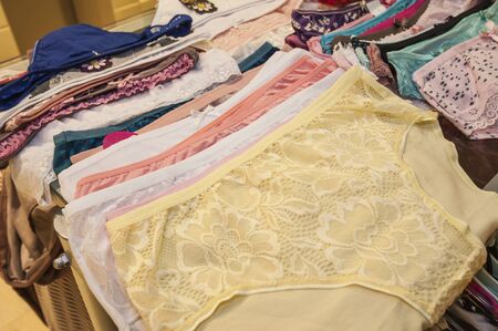 Display of womens lingerie panties clothing on shelf in clothes shopの写真素材