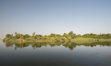 Vegetation along the banks of a large river with beautiful reflection and blue skyの写真素材