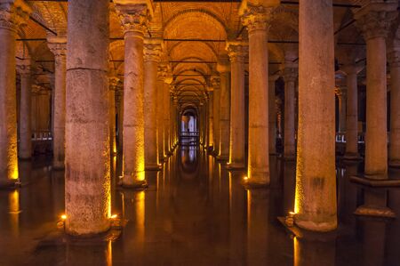 Old Roman stone columns underground in the historical Basilica Cistern at Istanbul Turkeyのeditorial素材
